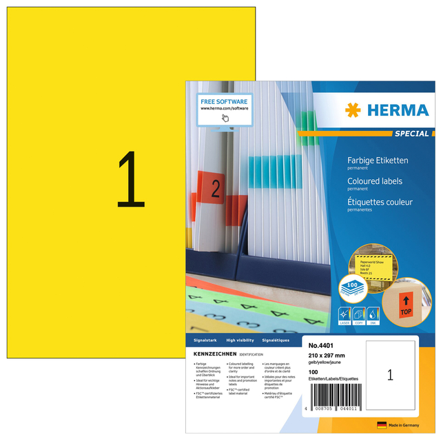 Etiket HERMA 4401 210x297mm A4 geel 100 stuks