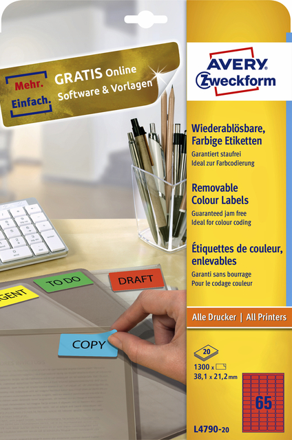 Etiquette Avery L4790-20 38,1x21,2mm rouge 1300 pièces
