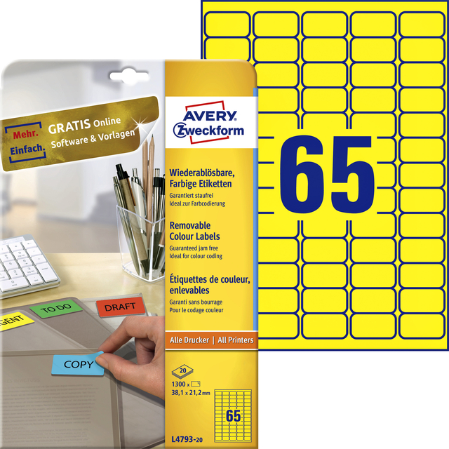 Etiket Avery L4793-20 38.1x21.2mm geel 1300 stuks