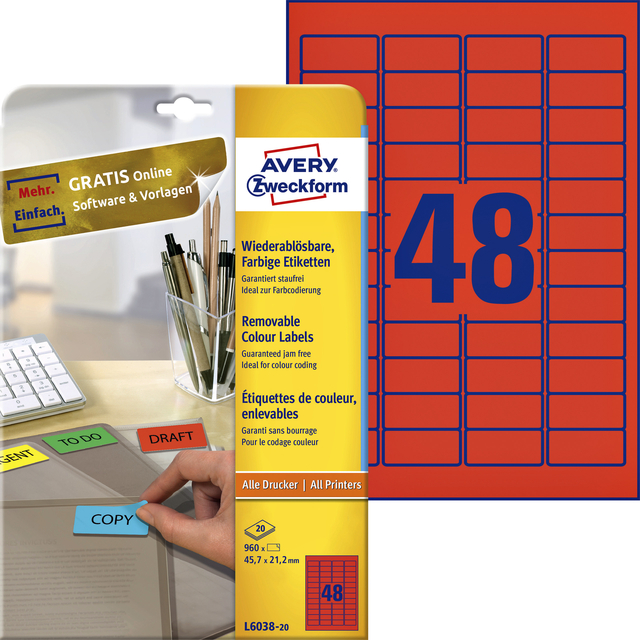 Etiquette Avery L6038-20 45,7x21,2mm rouge 960 pièces