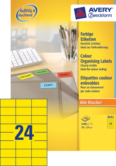 Etiquette Avery Zweckform 3451 70x37mm jaune 2400pcs