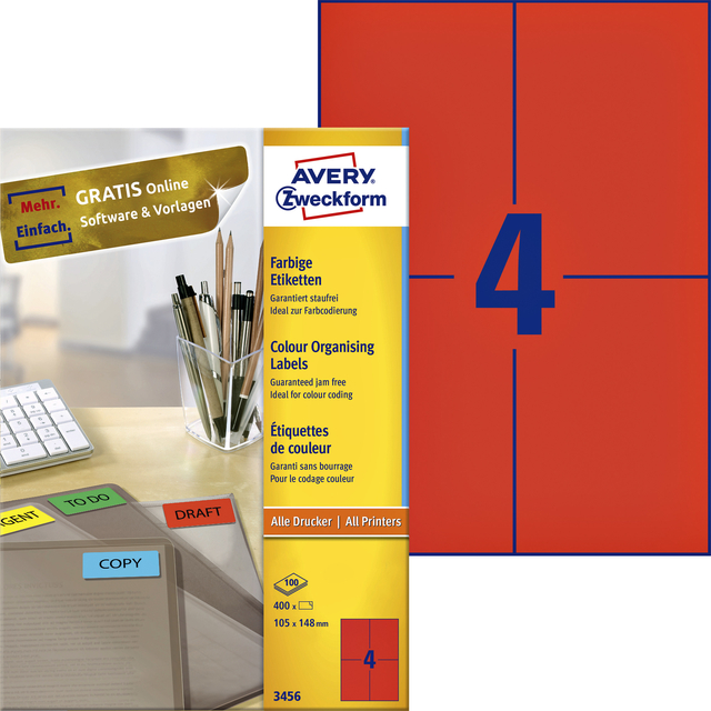 Etiket Avery 3456 105x148mm A6 rood 400 stuks