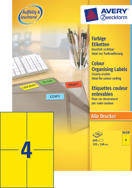 Etiquette Avery Zweckform 3459 105x148mm A6 jaune 400 pièces