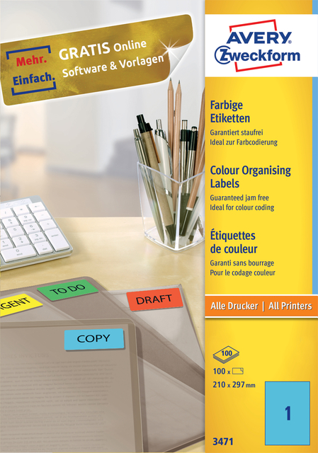 Etiquette Avery Zweckform 3471 210x297mm A4 bleu 100 pièces