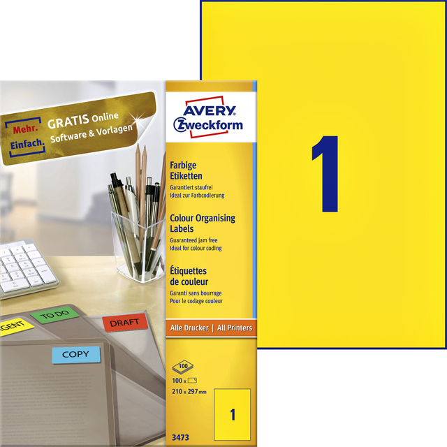 Etiquette Avery 3473 210x297mm A4 jaune 100 pièces