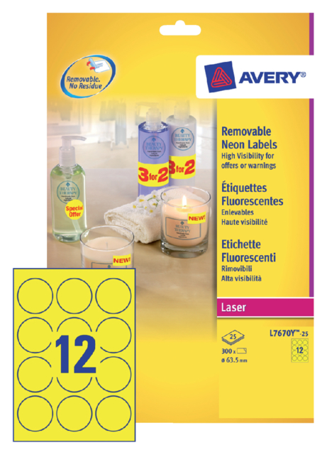 Etiquette Avery L7670-25 63,5mm rond jaune néon 300 pièces