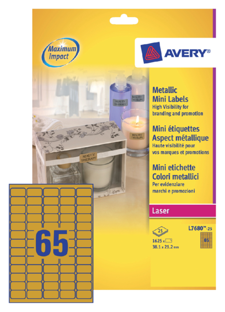 Etiquette Avery L7680-25 38,1x21,2mm doré 1625 pièces