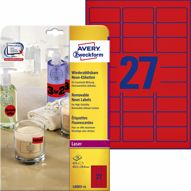 Etiket Avery L6003-25 63.5x29.6 neon rood 675 stuks