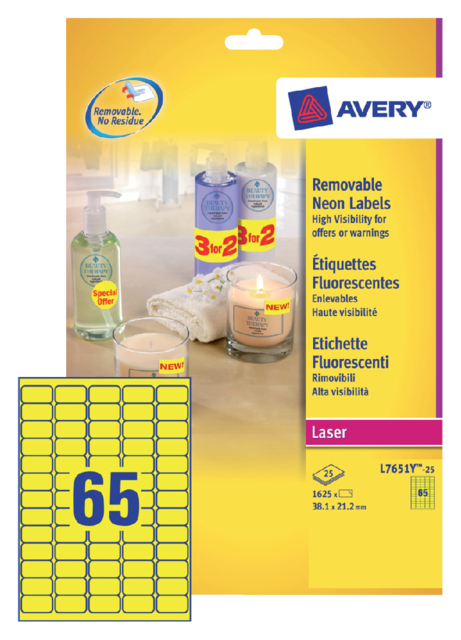 Etiquette Avery L7651Y-100 38,1x21,2mm jaune néon 6500 pièces