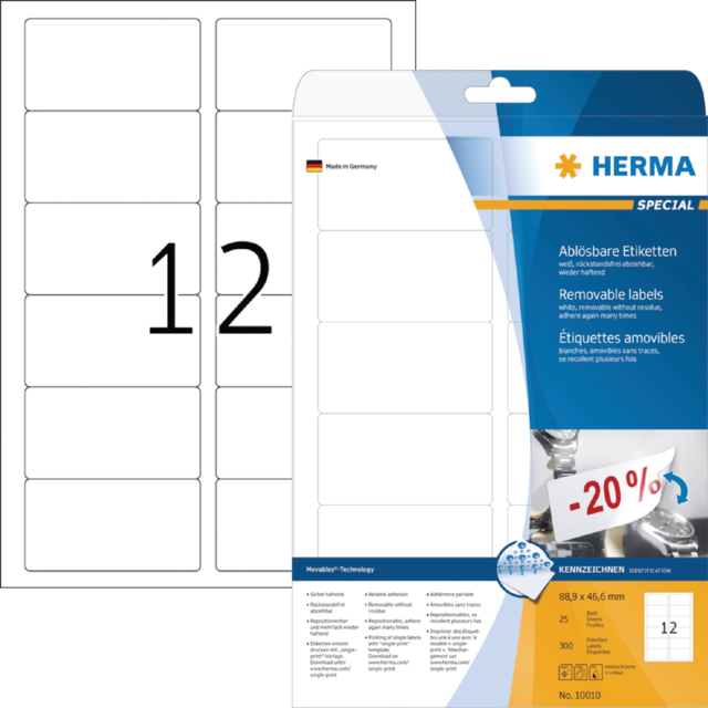 Etiket HERMA 10010 88.9x46.6mm verwijderbaar wit 300 etiketten