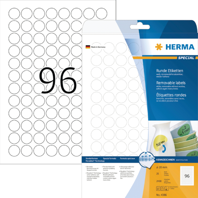 Etiket HERMA 4386 20mm verwijderbaar wit 2400 etiketten