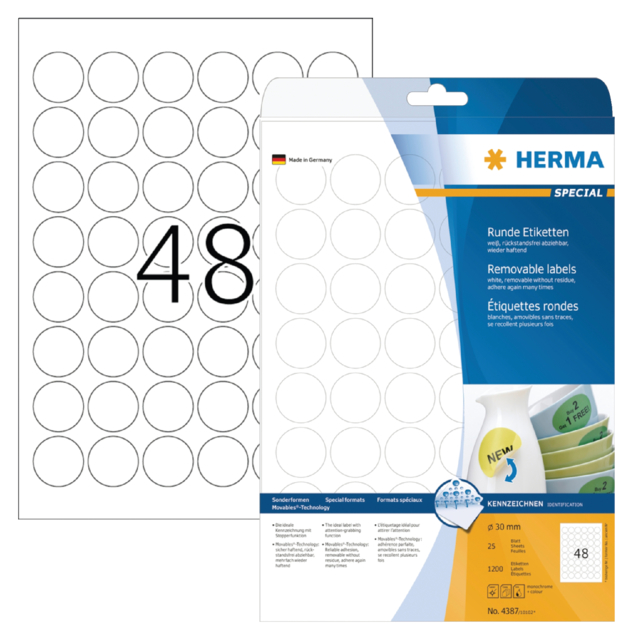 Etiket HERMA 4387 30mm verwijderbaar wit 1200 etiketten