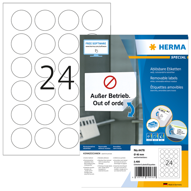 Etiket HERMA 4476 40mm verwijderbaar wit 2400 stuks