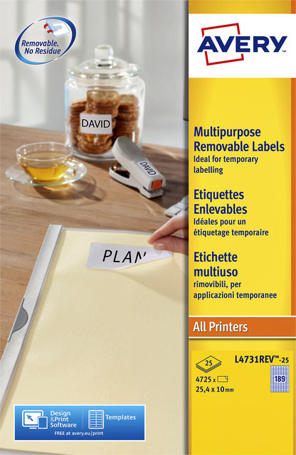 Etiquette Avery amovible L4731REV-25 25,4x10mm 4725 pièces