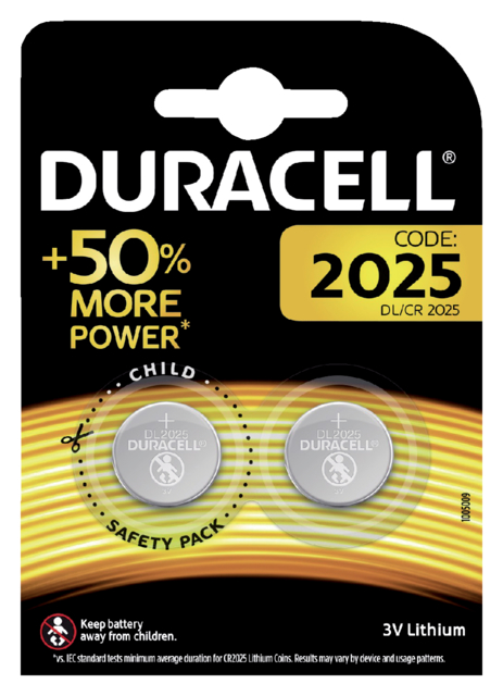 Batterij Duracell knoopcel 2xCR2025 lithium Ø20mm 3V-170mAh