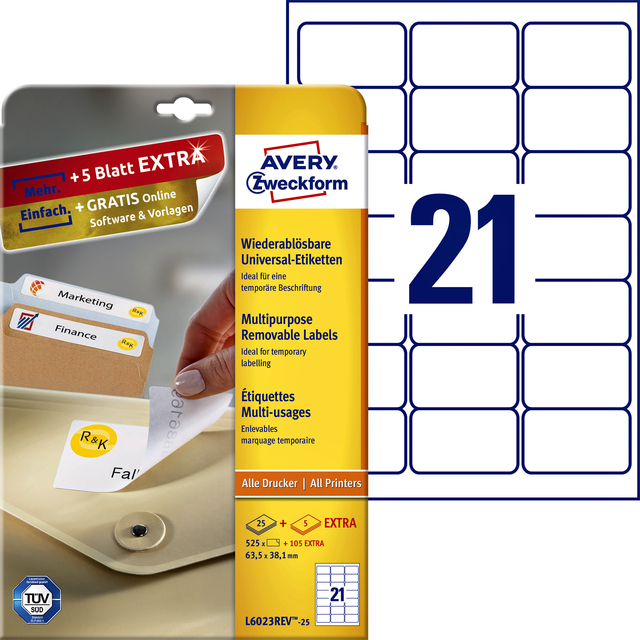 Etiquette Avery L6023REV-25 63,5x38,1mm amovible blanc 525 pcs