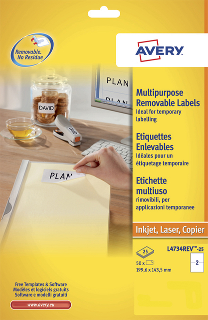 Etiquette Avery amovible L4734REV-25 199,3x143,5mm 50 pièces