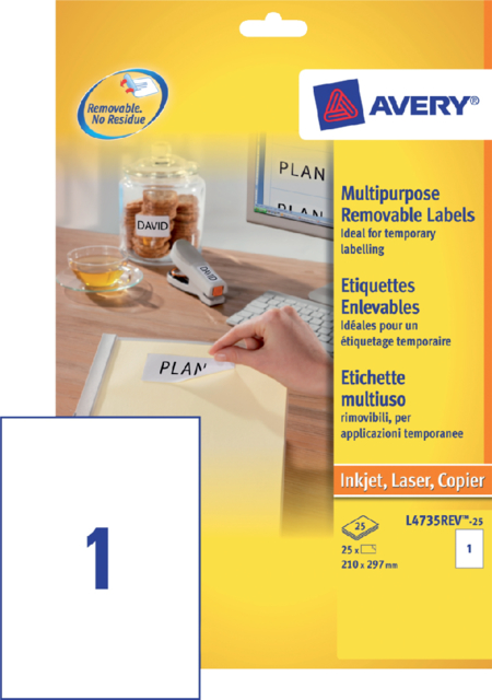 Etiquette Avery amovible L4735REV-25 210x297mm A4 25 pièces