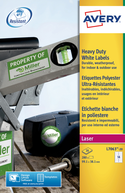 Etiquette Avery L7063-20 99,1x38,1mm polyester blanc 280 pièces
