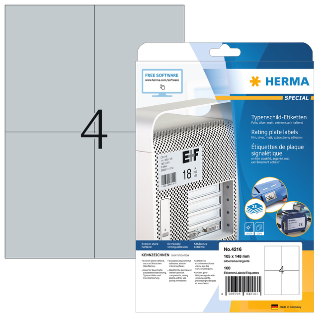 Etiquette HERMA 4216 105x148mm résite intempéries argent 100pcs