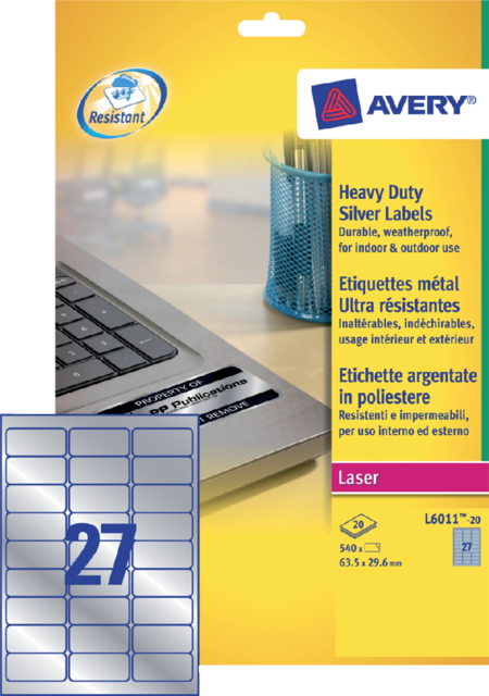 Etiket Avery L6011-20 63.5x29.6mm zilver 540stuk