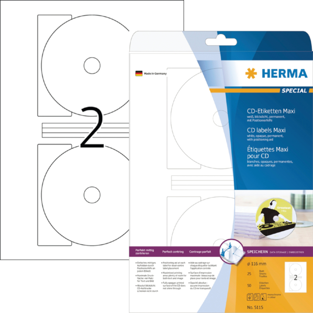 Etiket HERMA 5115 CD 116mm wit 50 stuks