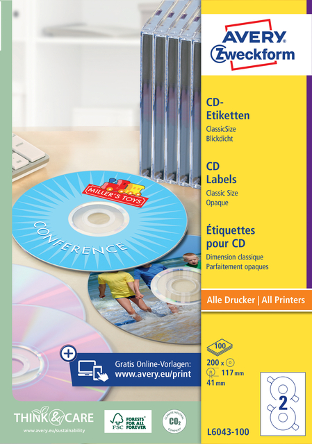 Etiquette CD Avery Zweckform L6043-100 blanc 200 pièces