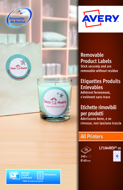 Etiquette Avery amovible L7104REV-20 60mm rond blanc 240 pièces