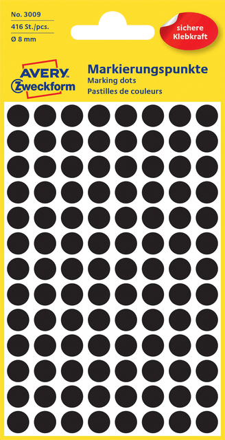 Etiket Avery 3009 rond 8mm zwart 416 stuks