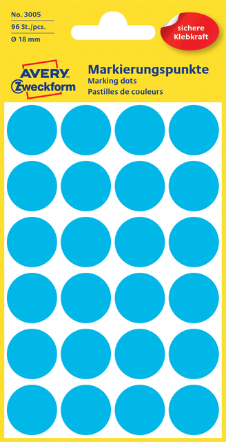 Etiket Avery 3005 rond 18mm blauw 96 stuks