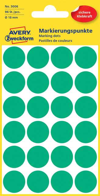 Etiket Avery 3006 rond 18mm groen 96 stuks