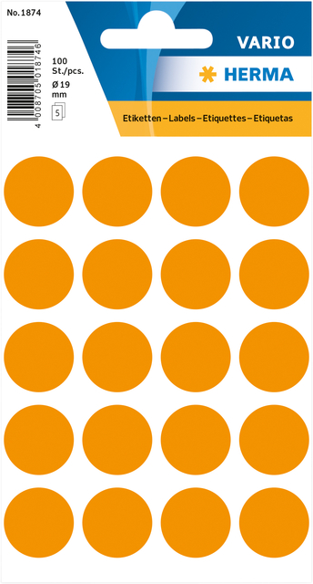 Etiquette HERMA 1874 rond 19mm orange fluo 100 pièces