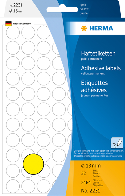 Etiket HERMA 2231 rond 13mm geel 2464 stuks