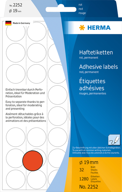 Etiquette HERMA 2252 rond 19mm rouge 1280 pièces