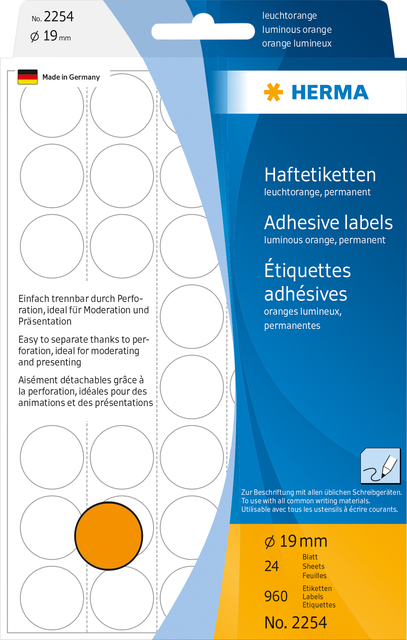 Etiquette HERMA 2254 rond 19mm orange fluo 1280 pièces