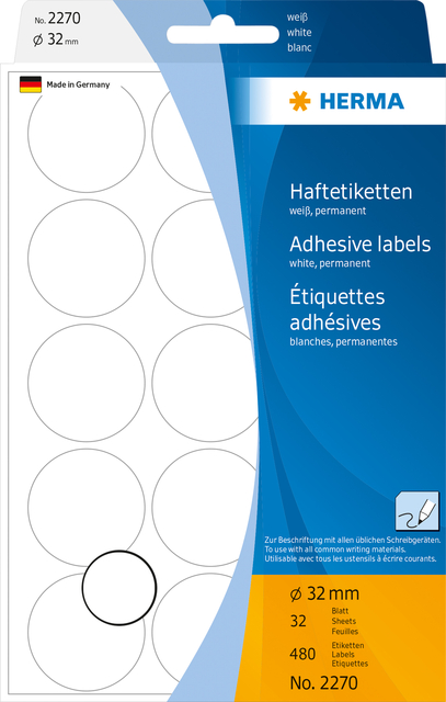 Etiquette HERMA 2270 rond 32mm blanc 480 pièces