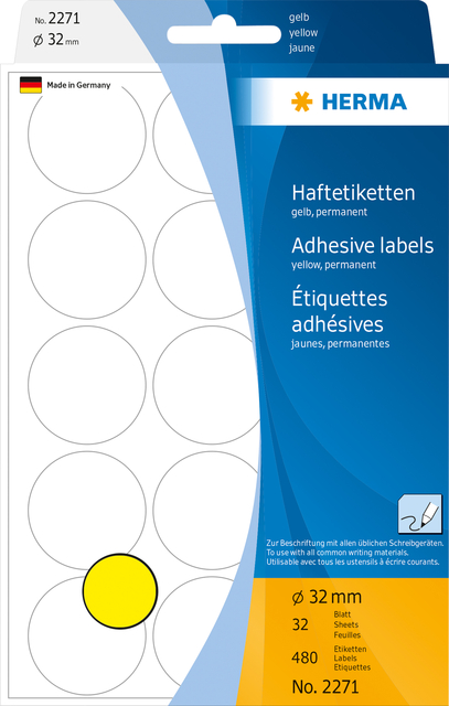 Etiket HERMA 2271 rond 32mm geel 480 stuks