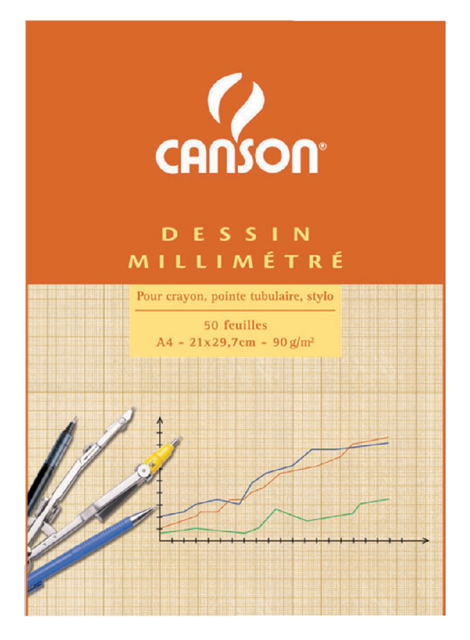 Bloc de papier millimétré Canson A4 impression marron clair 50 feuilles 90g blanc