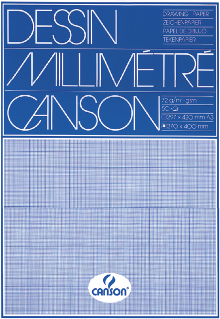 Bloc de papier millimétré Canson A3 impression bleu 50 feuilles 72g blanc