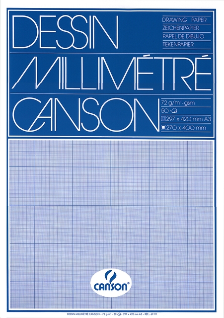 Bloc de papier millimétré Canson A3 impression bleu 50 feuilles 72g blanc