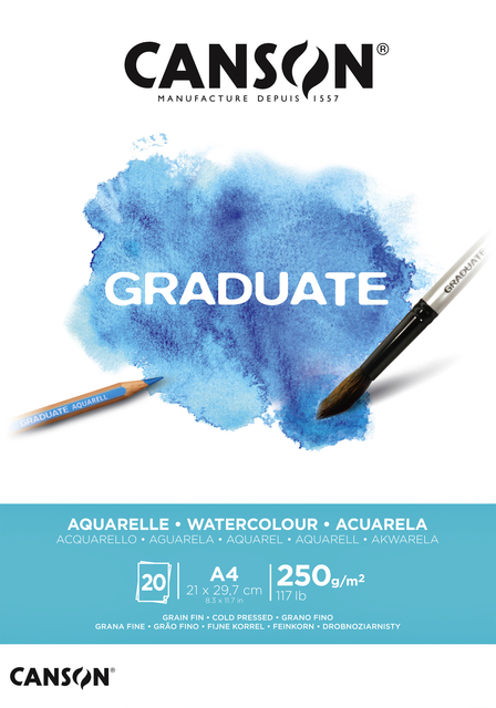 Aquarelpapier Canson Graduate Watercolour 20vel 250gr A4 natuurlijk wit
