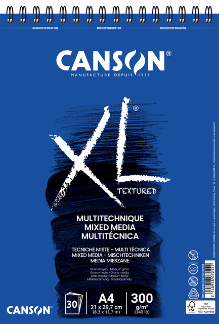 Mixed mediapapier Canson XL Textured Mixed Media 30vel 300gr A4 wit