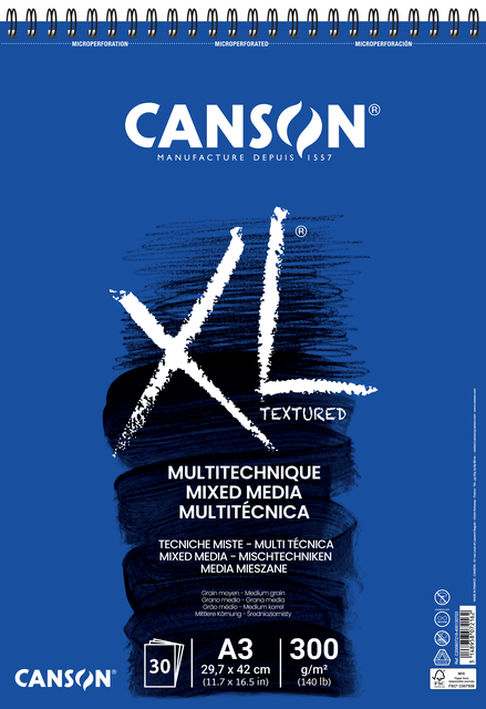 Mixed mediapapier Canson XL Textured Mixed Media 30vel 300gr A3 wit