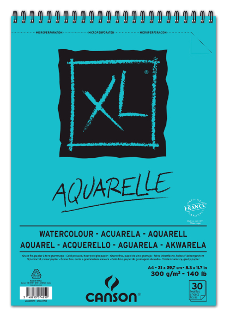 Bloc aquarelle Canson XL A4 30 feuilles 300g spirale blanc