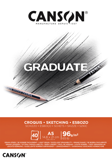 Schetspapier Canson Graduate Sketch 40vel 96gr A5 natuurlijk wit