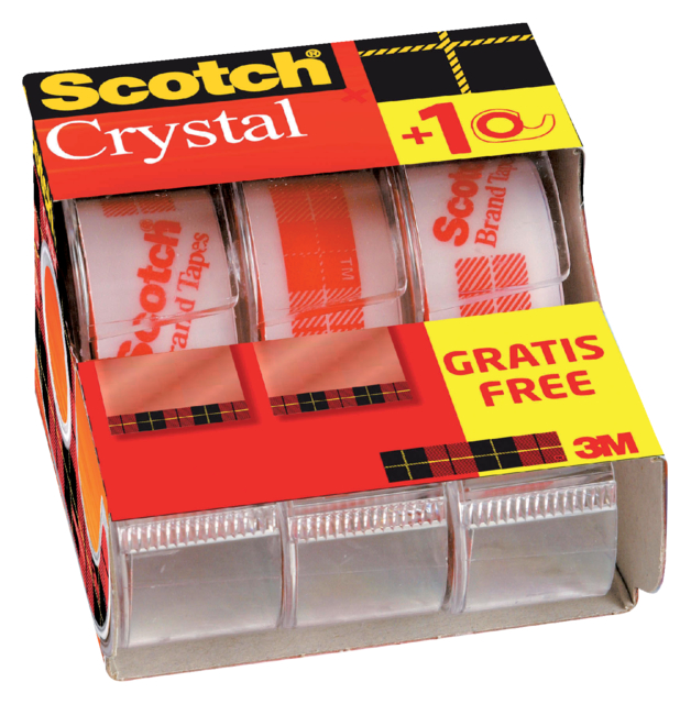 Plakband Scotch Crystal 600 19mmx7.5m transparant 2+1 gratis + handdispenser