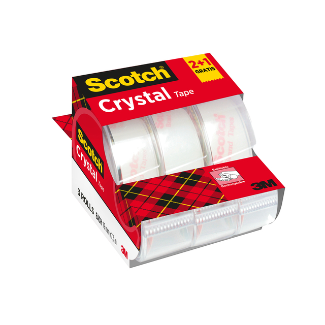 Ruban adhésif Scotch Crystal 600 19mmx7,5m transparent 2+ 1 gratuit + dévidoir