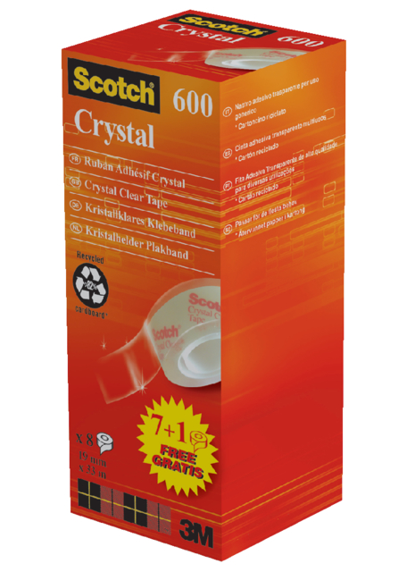 Plakband Scotch Crystal 600 19mmx33m transparant 7+1 gratis