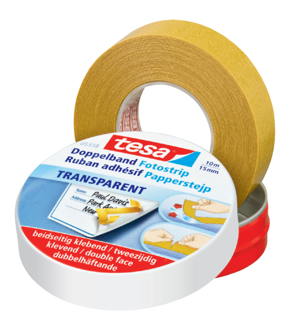 Dubbelzijdig knutseltape tesa® 10mx15mm beige in bewaarblik