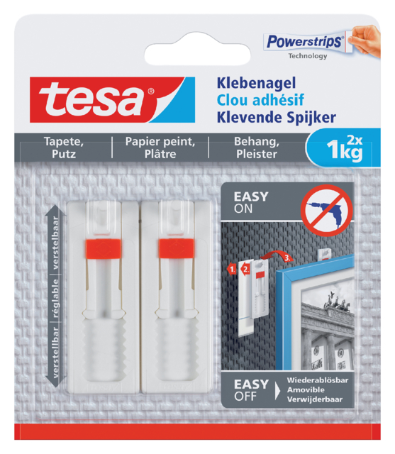 Klevende spijker tesa® behang en pleisterwerk 1kg verstelbaar wit 2 stuks